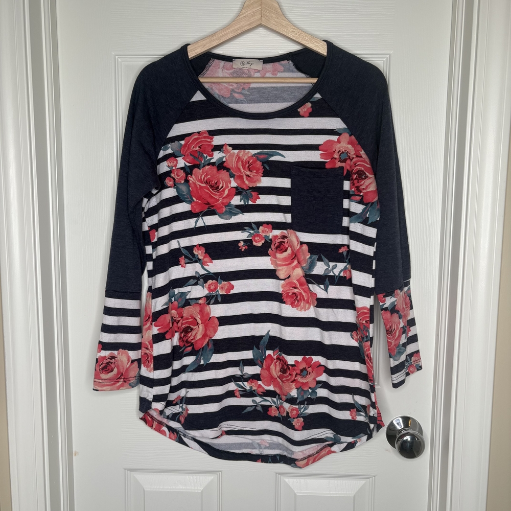 Be Stage Black Striped Floral Print Raglan 3/4 Sleeve Women's Top Size Large